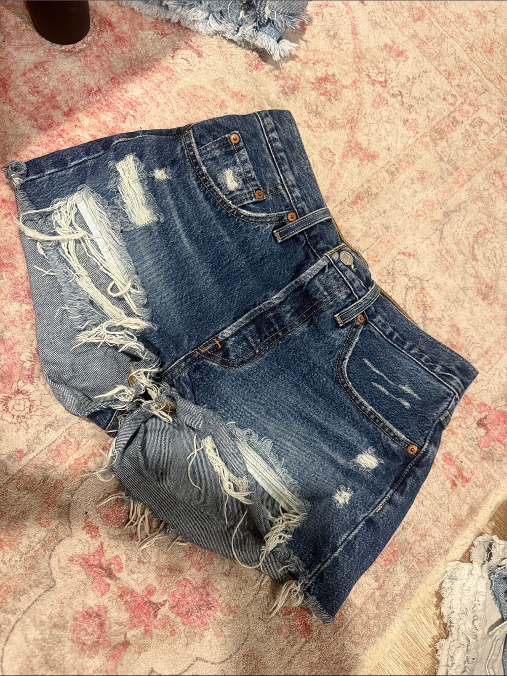 Levi 501 Distressed Dark Wash jean shorts